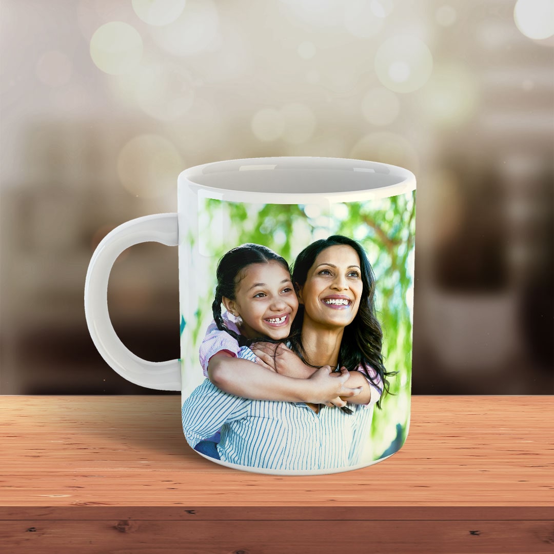 Personalized photo mug with mother and daughter smiling, a perfect gift