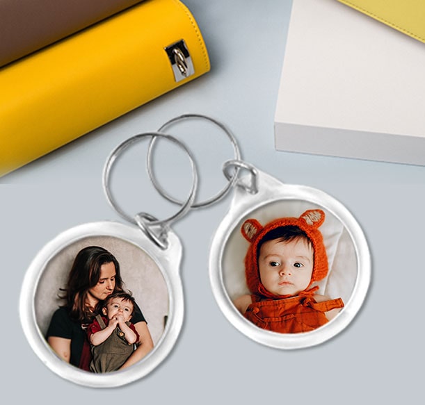 Personalized keychains featuring photos of mother and child 