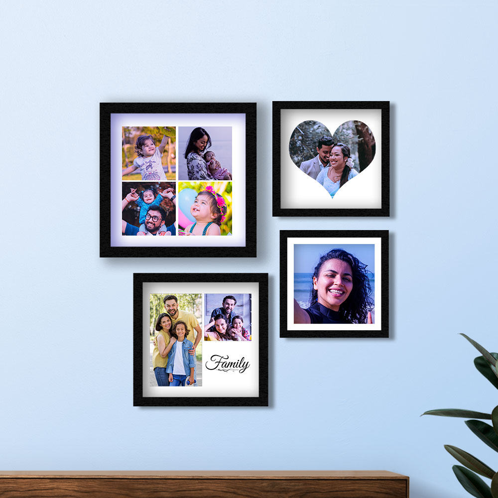 Family photo collage in square frames on blue wall in Abu Dhabi.